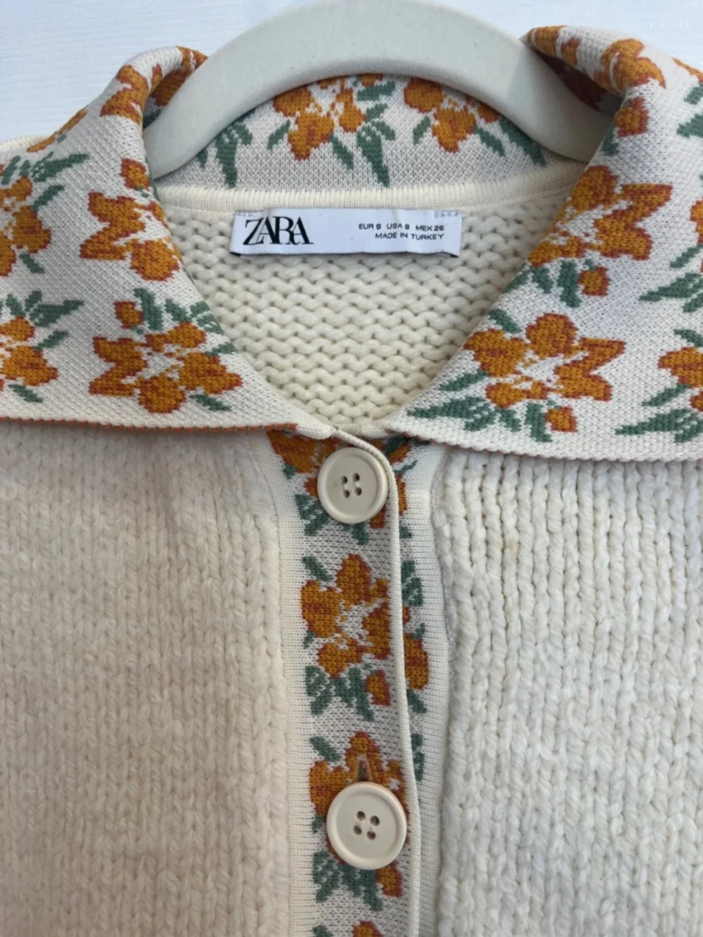 Zara Cream Cardigan with Orange Floral Collar with cropped knit tank to match - Picture 2 of 6